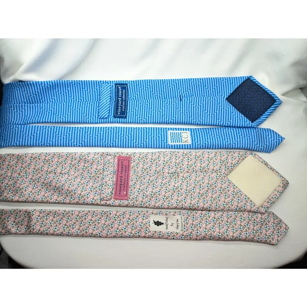 Lot of 2 Vineyard Vines Custom Collection Marthas Ties Silk Blue Pink Floral